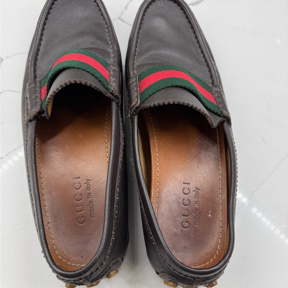 Gucci Men's Dark Brown Loafers with Signature Stripe